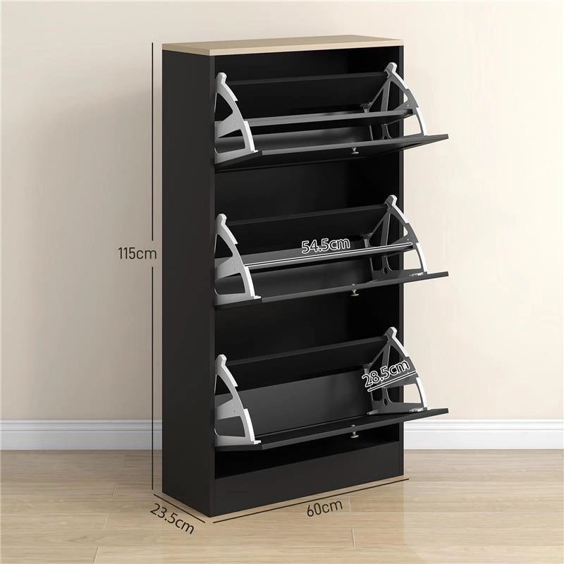 SCARPIERA SALVASPAZIO A 3 CASSETTI CON RIPIANI REGOLABILI SU 2 LIVELLI, IN LEGNO, 60X23.5X115 CM, NERO