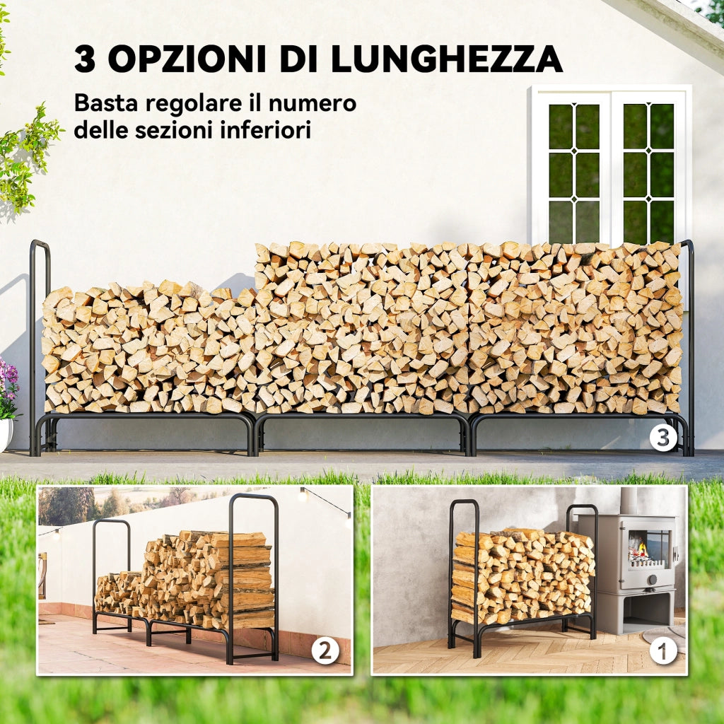 Portalegna Regolabile 300x36x99 cm con Telo Impermeabile in PE e Metallo Nero e Verde Scuro