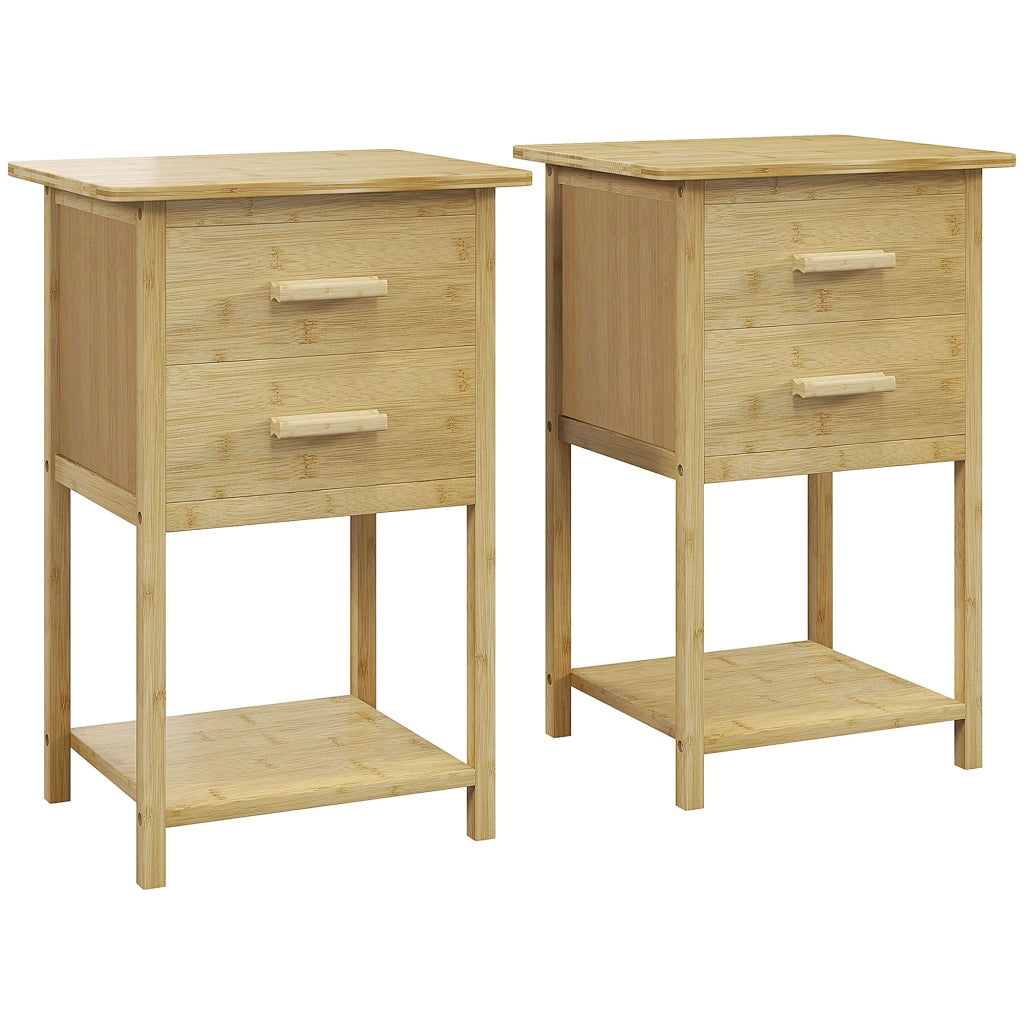 Set 2 Comodini con 2 Cassetti e Ripiano Inferiore in stile Nordico, Comodini Moderni in Bamb¨´, 40x34x60 cm, color Legno