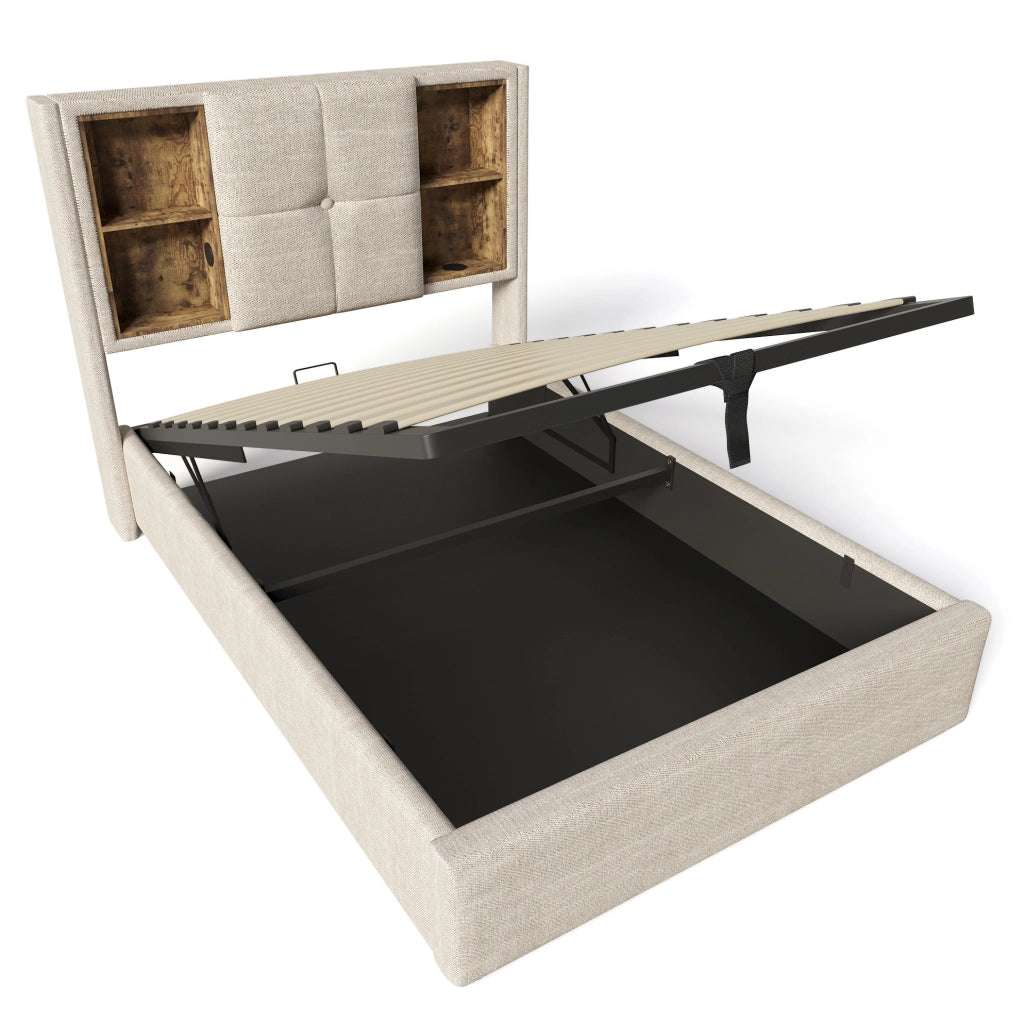 Letto singolo 90x200 cm con ricarica wireless; USB C e contenitore; lino naturale