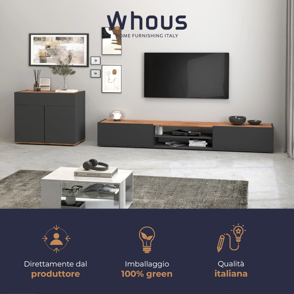 WHOUS Credenza Garda 2 ante e 1 cassetto antracite opaco e rovere 80,9x35x70 cm