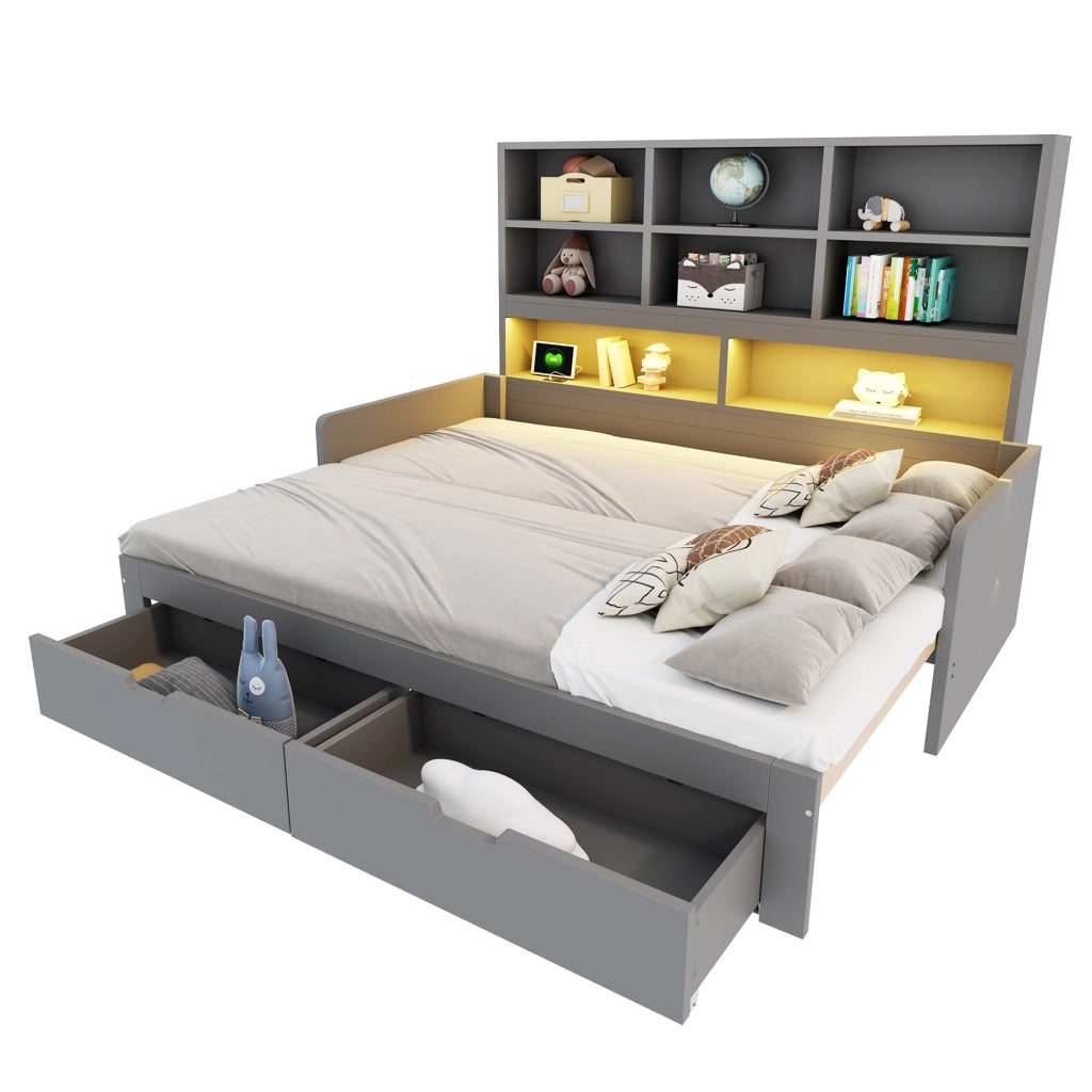 Letto divano estensibile 90x200/180x200 cm con LED; USB; cassetti e ripiani aperti; legno grigio