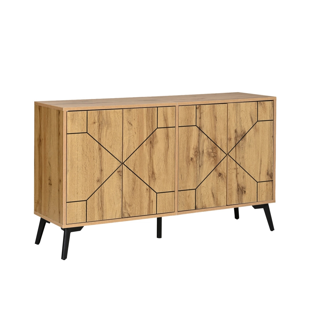 Credenza moderna 120x35x69 cm con 4 ante, 4 scomparti interni, struttura in MDF e gambe in metallo, finitura effetto legno naturale