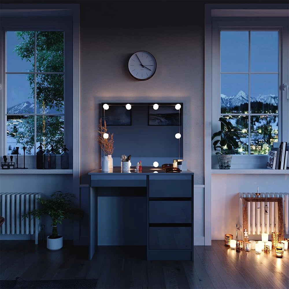 Vicco Tavolo da toeletta Sherry, Grigio, 90 cm con illuminazione a LED e sgabello, sgabello regolabile in altezza con funzione girevole a 360° per adattamento della seduta