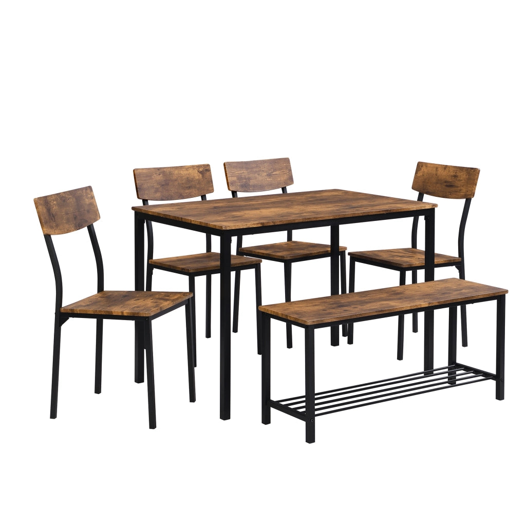 Set tavolo da pranzo con 4 sedie e panca, finitura marrone e struttura in acciaio, stile industriale