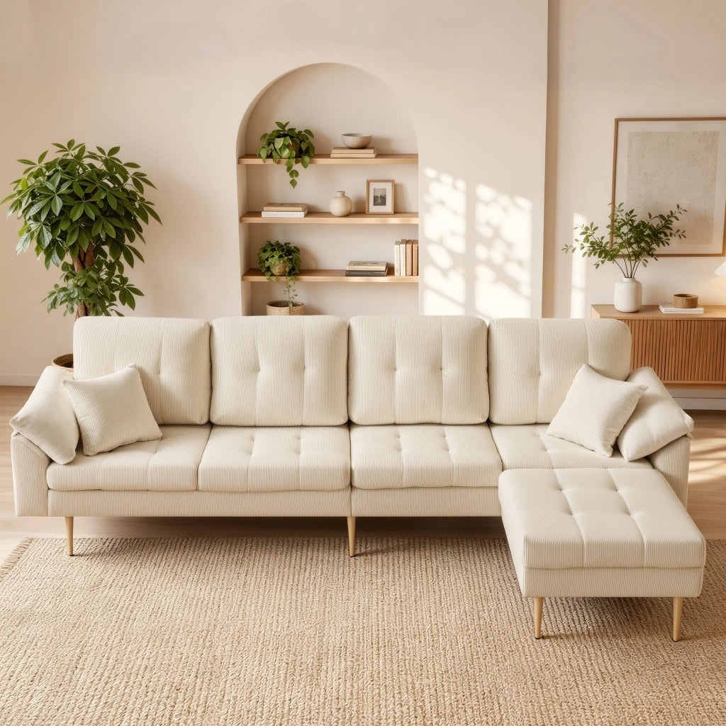 Divano 4 posti in velluto a coste con pouf modulabile; beige chiaro; 250 cm