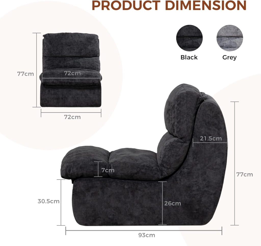 Divano Divano per soggiorno Futon con seduta profonda, divano singolo in schiuma, nessun montaggio per camera da letto, appartamento, tessuto a coste, nero