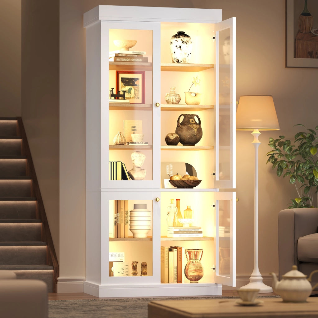 Armadio alto con LED, 2 sistemi antiribaltamento e ripiani regolabili, in MDF e vetro, bianco, 80 × 40 × 180 cm