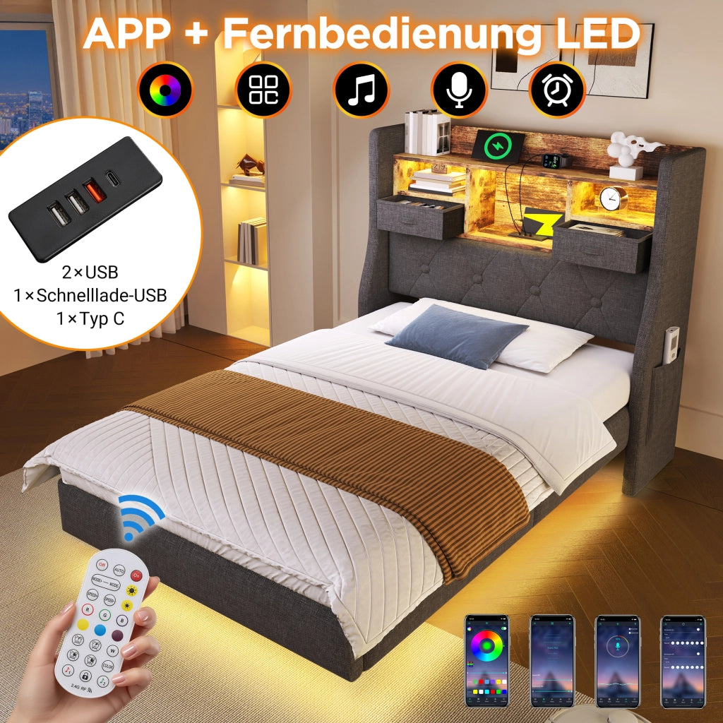 OKWISH Letto Matrimoniale 140×200 cm con LED Regolabile, USB, Tipo C e Contenitore, senza Materasso, in Lino, Grigio