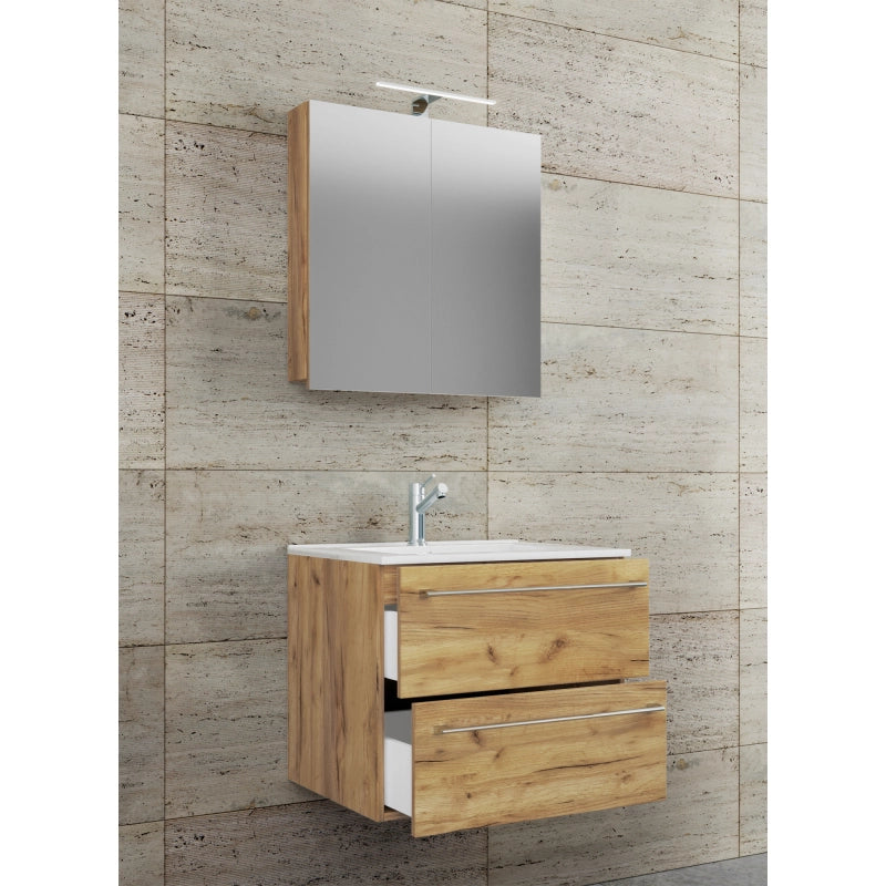 Completo di Ezooza Mobile Sospeso con 2 cassetti Large con lavabo in ceramica di alta qualità e mobile specchio, Rovere miele ,