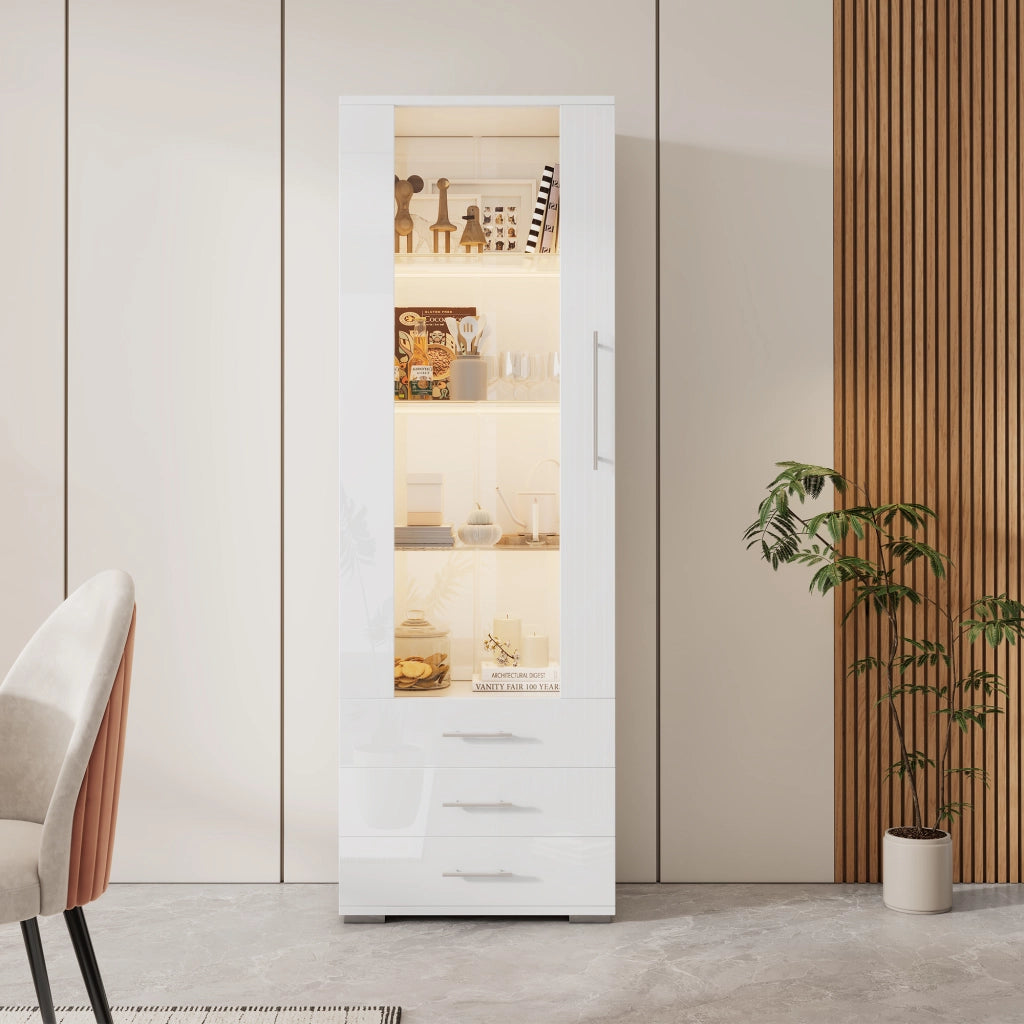 Vetrina con LED da app, 1 anta e 3 cassetti, fronte lucido, per soggiorno, in MDF, bianco, 60 × 35 × 180 cm