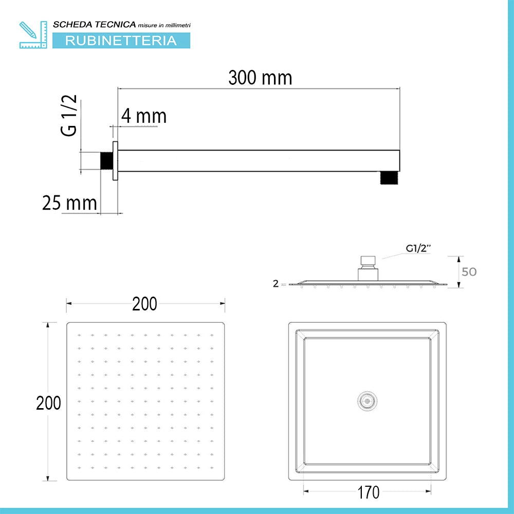 Kit doccia Lotus con miscelatore, braccio 30 e soffione quadrato 20 in cromo