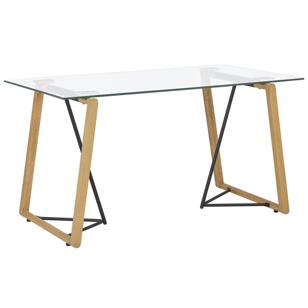 Tavolo da Pranzo Trasparente 140 x 80 cm Piano in Vetro Temperato Metallo Leggero Base in Legno Rettangolare Scandinavo Moderno