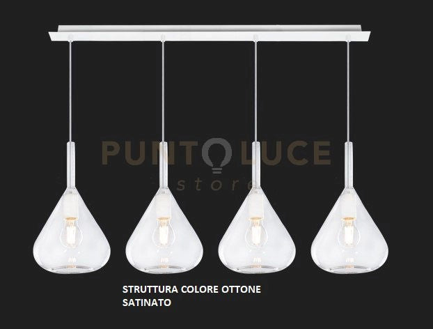 SOSPENSIONE OTTONE SAT. 4 LUCI RETTANGOLARE VETRI TRASPARENTE 1177OS-S4 R-TR