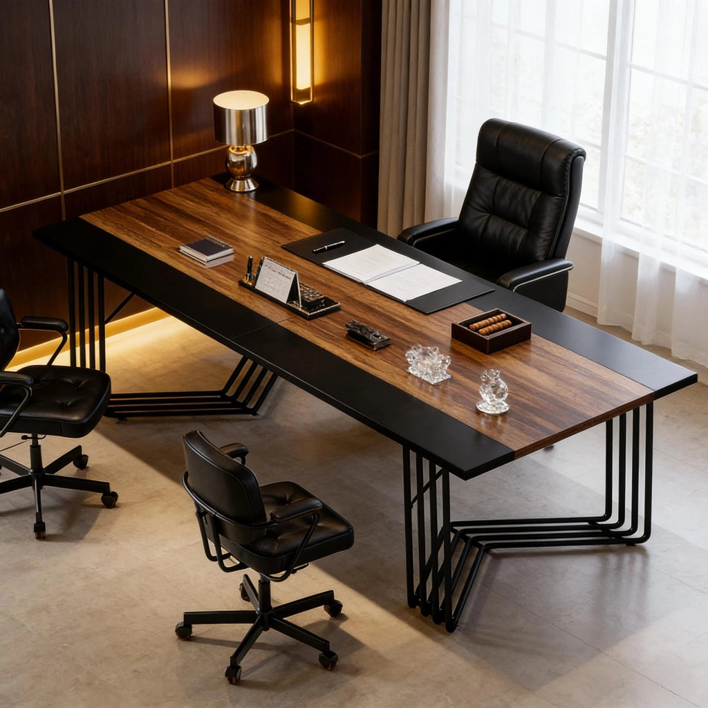 Scrivania lineare tavolo riunioni in MDF e metallo con piano rettangolare nero e marrone rustico 200 × 100 × 75 cm