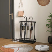 Portaombrelli rettangolare in acciaio nero con vaschetta raccogligocce, 21 alloggi e 24 ganci, 50x24x68 cm