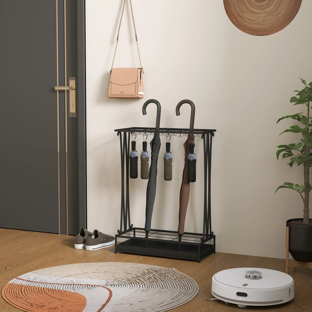Portaombrelli rettangolare in acciaio nero con vaschetta raccogligocce, 21 alloggi e 24 ganci, 50x24x68 cm