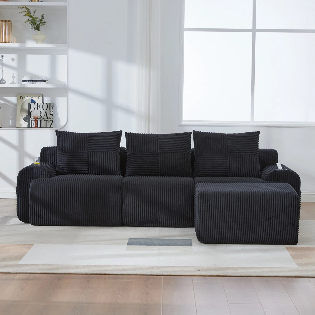 Divano modulare 3 posti in corduroy nero con portabicchieri e tasca laterale, 268x174x80 cm