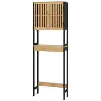 Mobile Sopra WC con Armadietto 2 Ante a Doghe e Ripiano Aperto, 60x21.5x172cm, Colore Legno