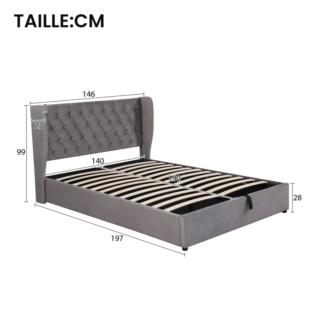 OKWISH Letto Contenitore 140×190 cm, Letto Matrimoniale con Sollevamento Idraulico, Testiera Imbottita e Borchie, senza Materasso, Velluto, Grigio