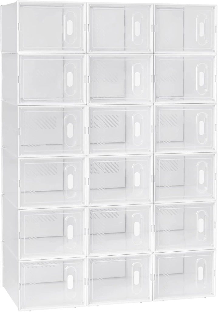 Set di 18 Scatole per Scarpe Contenitore Portascarpe Scarpiera Organizzatore Portaoggetti Impilabile Salvaspazio Coperchio Magnetico Plastica Trasparente Bianco 35x25x19cm