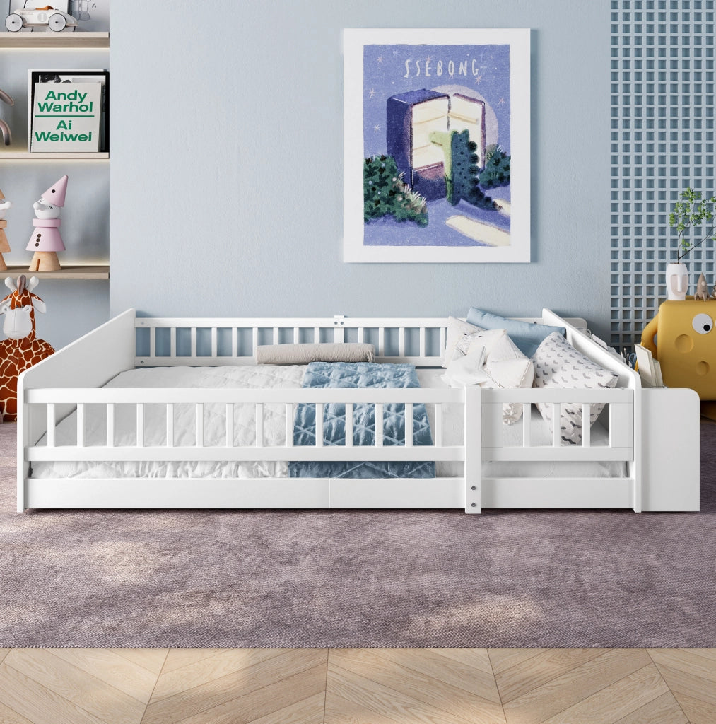 Letto per bambini 140x190 cm in pino e MDF bianco con ripiani
