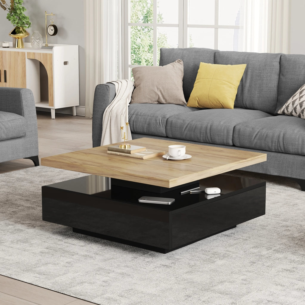 TAVOLO DA SALOTTO Girevole 360° 70x70x36 cm Noce e Nero Lucido con cassetto