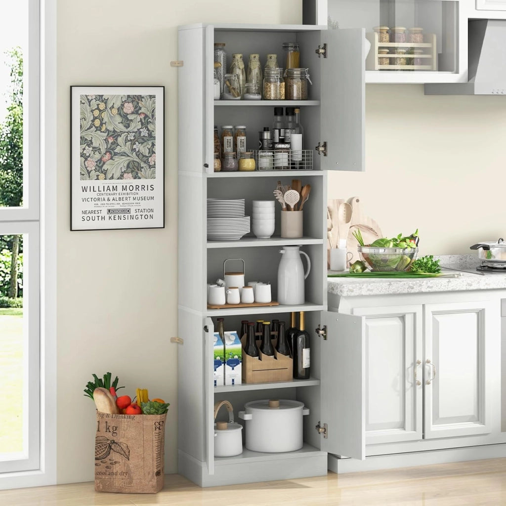 Credenza da Cucina, Mobile Buffet Alto con 2 Armadi a Doppia Porta e 2 Mensole Aperte, per Soggiorno, Cucina e Sala da Pranzo, 56 x 30 x 190 cm (Quercia Bianca)