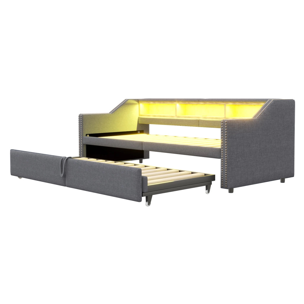 Divano letto estraibile 90/180x200 cm con LED, USB e vani laterali