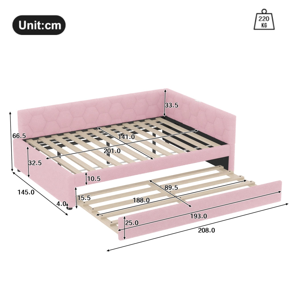 Letto 140x200 cm con letto estraibile; USB e Type-C in velluto rosa