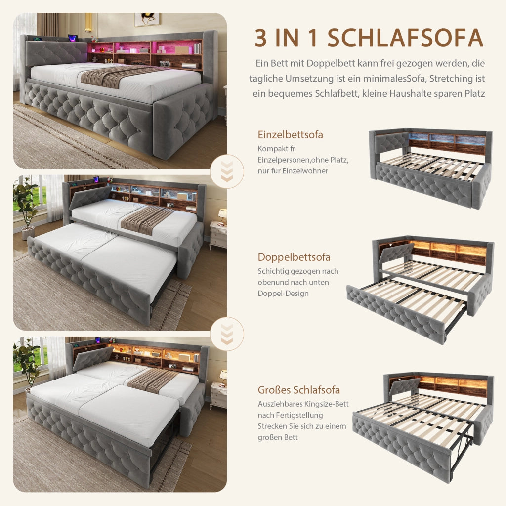 Letto divano singolo 90 × 190 cm estraibile, contenitore, LED, USB e Type-C, senza materasso, grigio