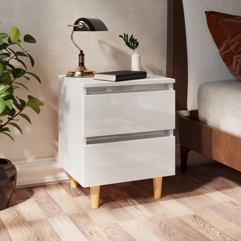 Set di 2 Comodini | Armadio da Notte | Mobiletto da notte con Gambe Legno Pino Bianco Lucido 40x35x50 cm