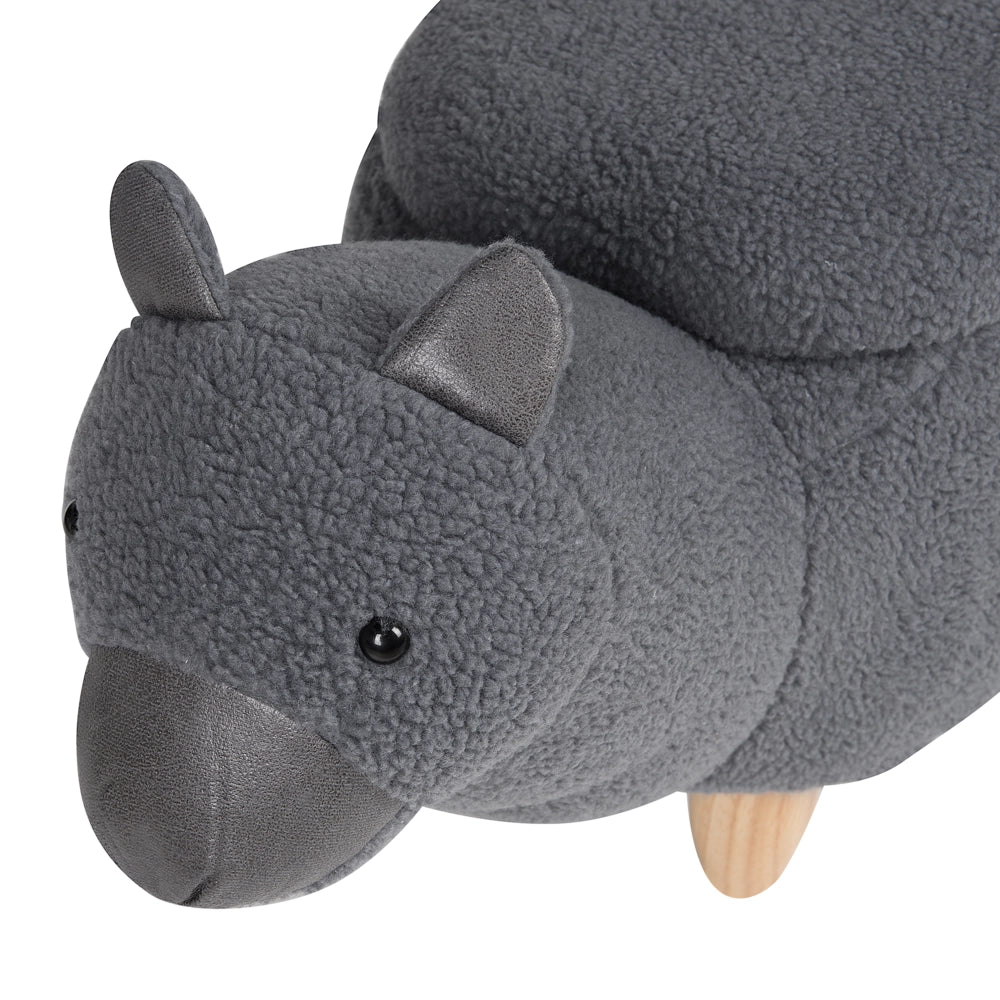 Sgabello per bambini Animale Alpaca Tessuto in poliestere grigio Gambe in legno imbottite contenitore Poggiapiedi per asilo nido