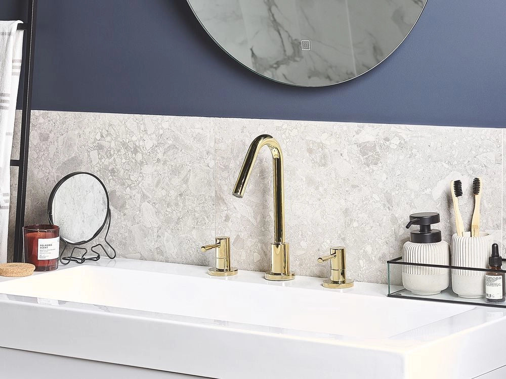 Miscelatore lavabo Rubinetto a doppia leva per bagno moderno in ottone lucido metallo dorato