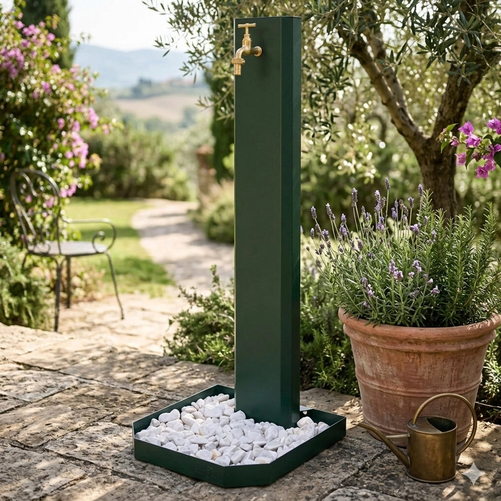 Fontana da Giardino Design a Colonna Ovale Rubinetto in Ottone e Base con Ciottoli Verde