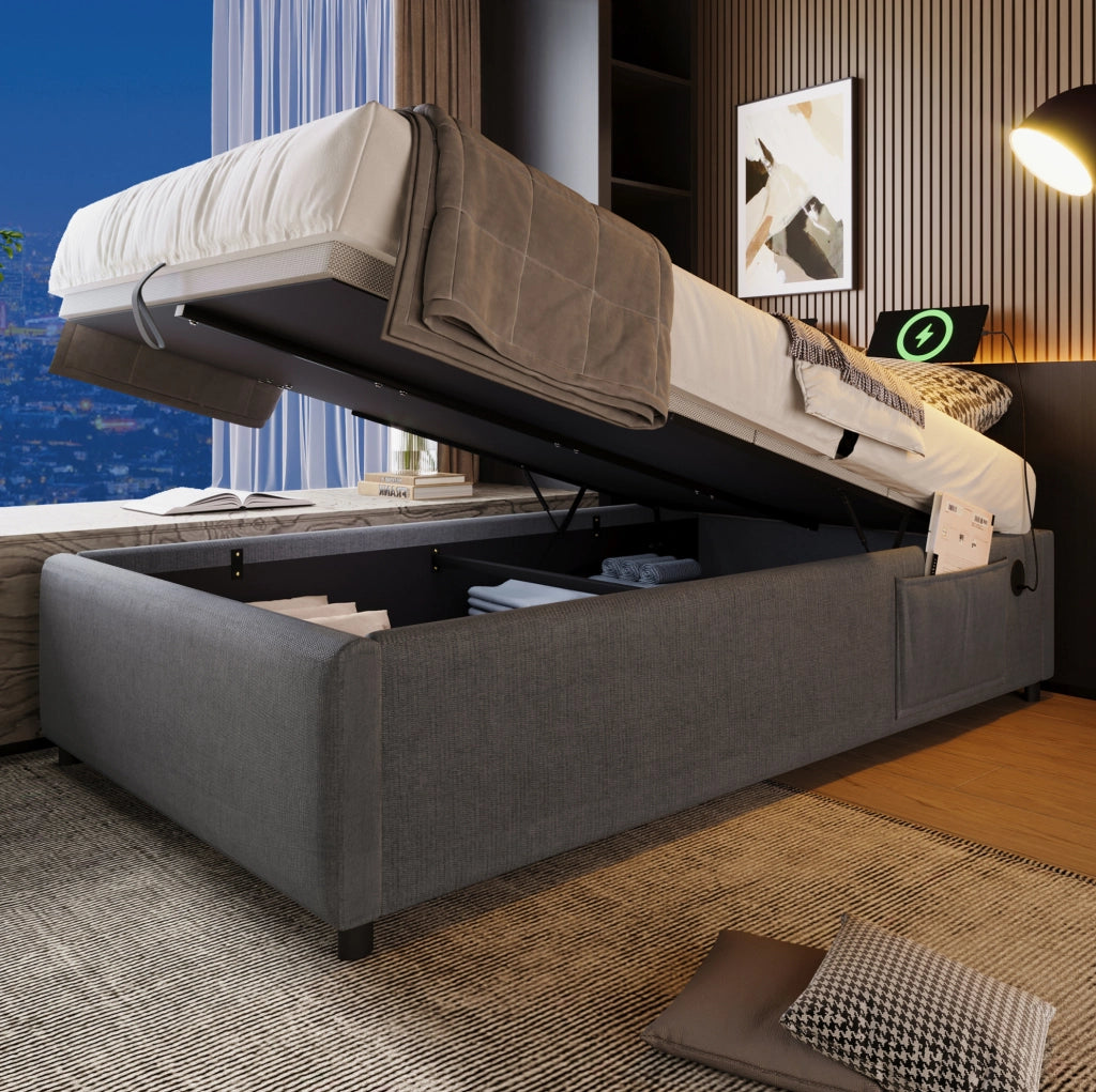 Letto contenitore singolo ULEVR 90x190 cm con sollevamento idraulico, USB e Type-C, rivestimento grigio