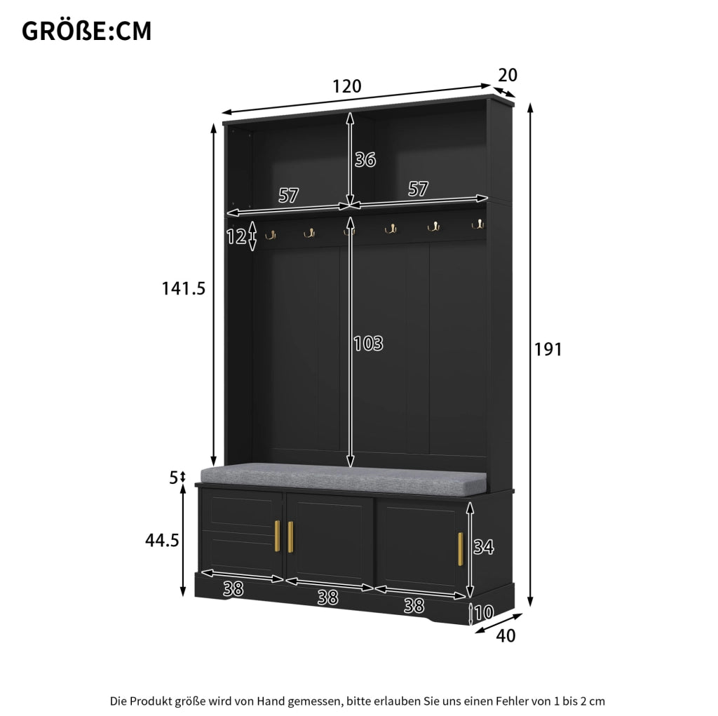 Appendiabiti da ingresso con panca e scarpiera; 6 ganci; nero; 120x40x191 cm