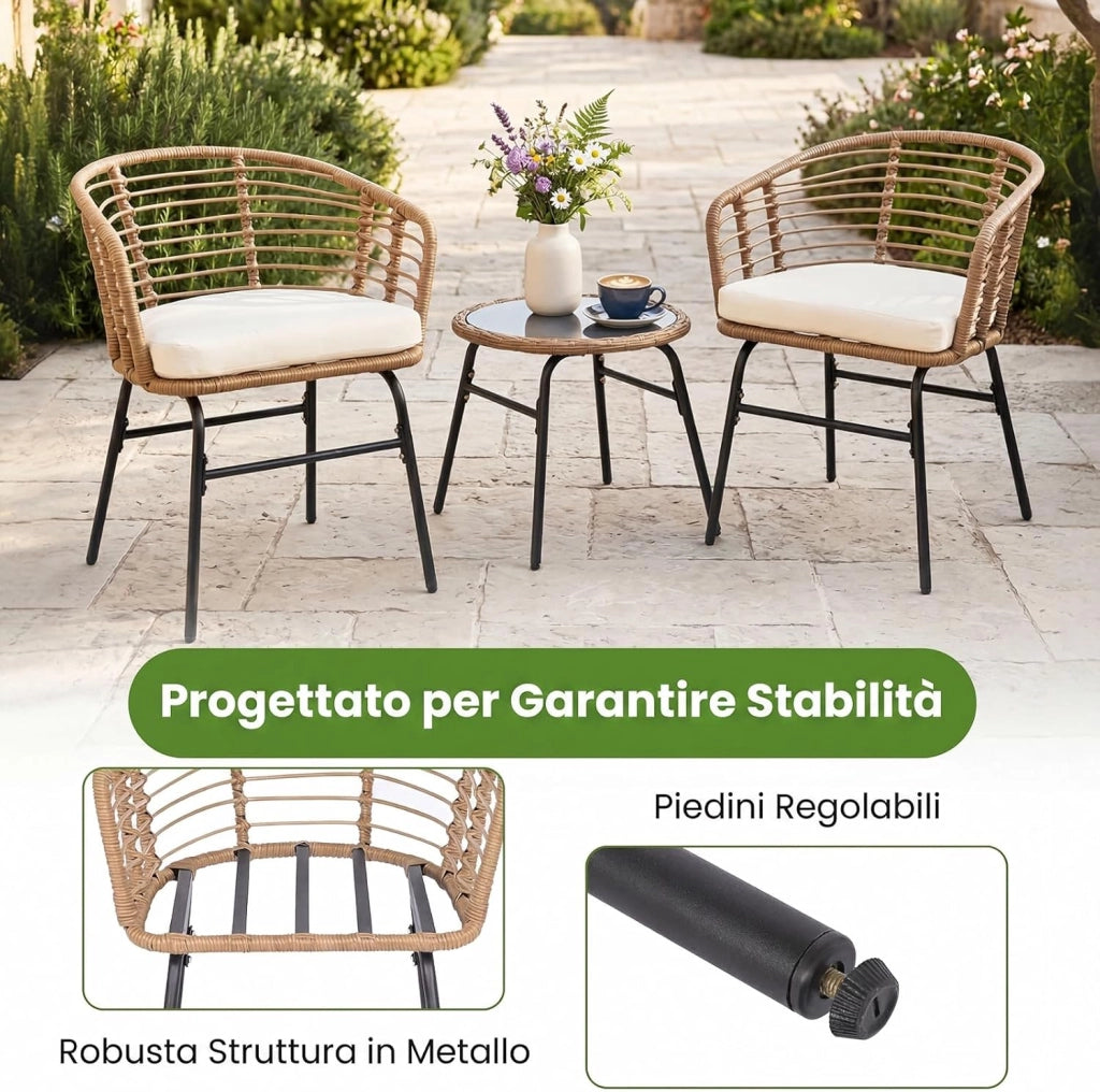 Salotto da Giardino per 2 Persone, Salottino in Rattan Include 2 Poltrone con Cuscini Imbottiti e Tavolino Rotondo con Piano in Vetro Temperato, Set da Esterno a 3 Pezzi per Balcone e Terrazza