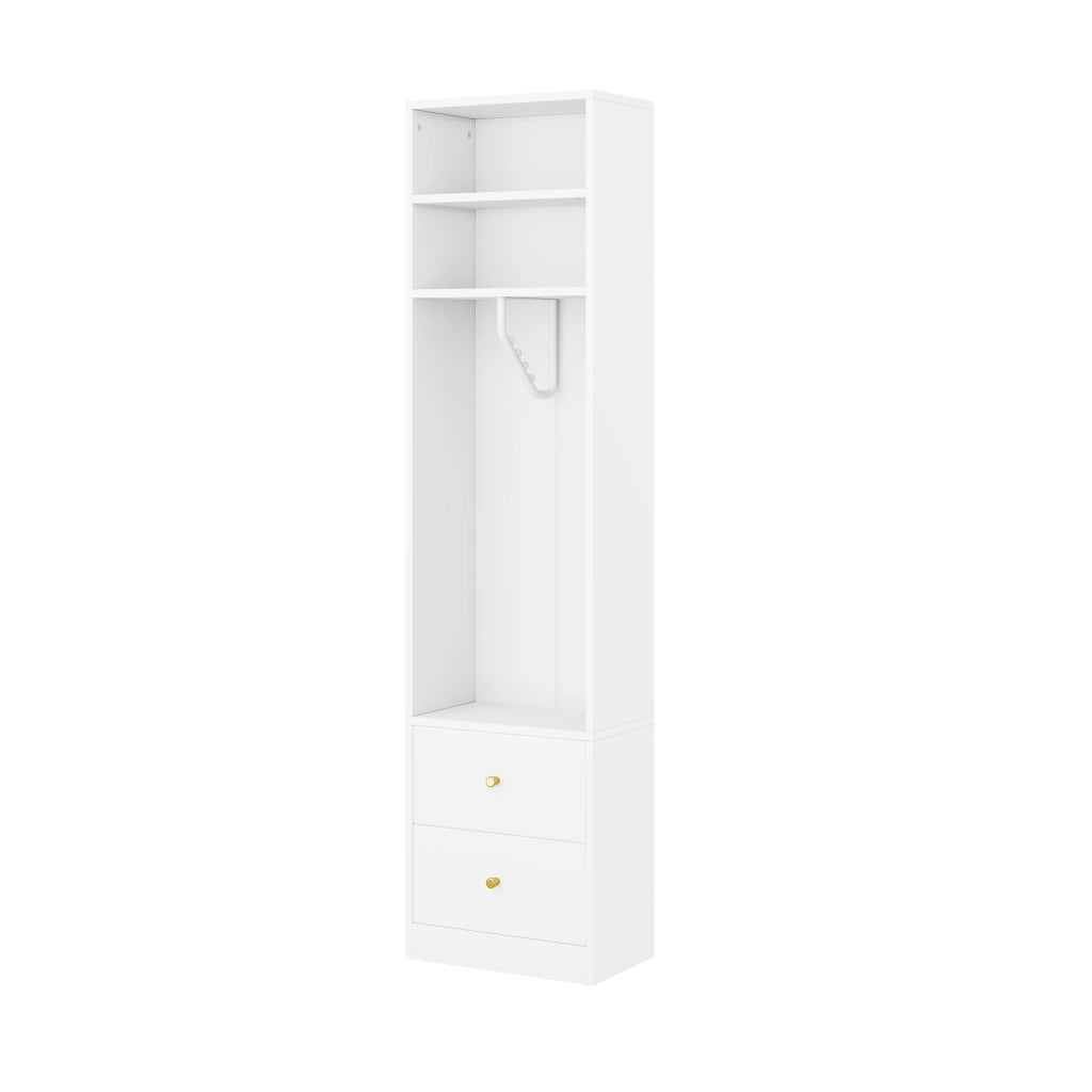 Armadio stretto con 2 cassetti, 2 ripiani e barra appendiabiti per camera, in MDF e acciaio, bianco, 50×30×200 cm
