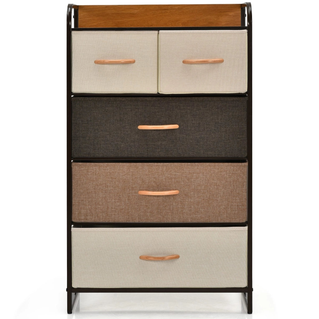 Cassettiera con 5 cassetti pieghevoli in tessuto, Organizer a 4 livelli con superficie in legno per ingresso