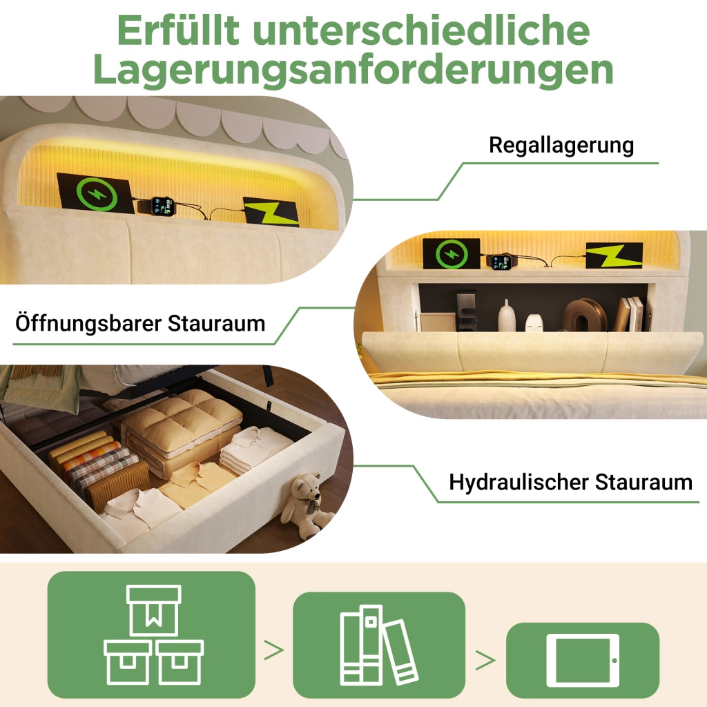LETTO contenitore 90x200 cm in velluto beige con materasso incluso, LED e USB/Type-C