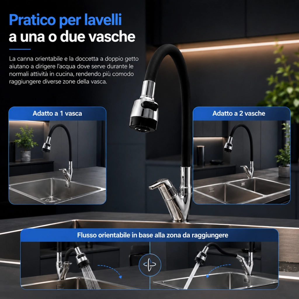 Rubinetto Cucina Doccetta 2 Getti Tubo Girevole Flessibile Silicone  Nero