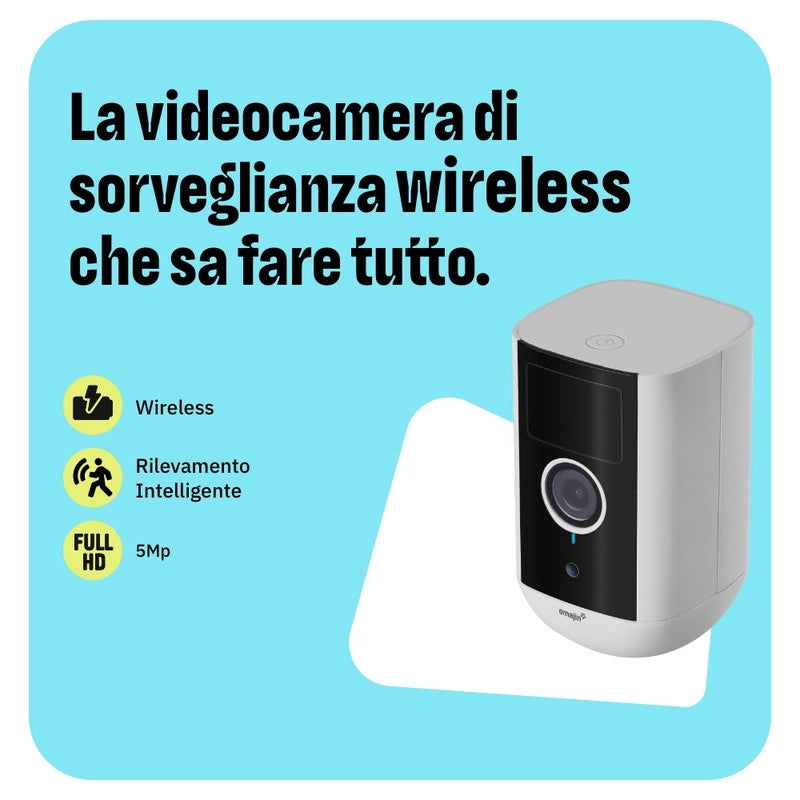 OMAJIN by Netatmo. Videocamera di Sorveglianza Esterna e Interna wireless 2K. visione 140°. IP65. SD/Cloud 64 GB. rilevamento movimenti/persone. batteria 9600mAh. audio bidirezionale. OWC-01