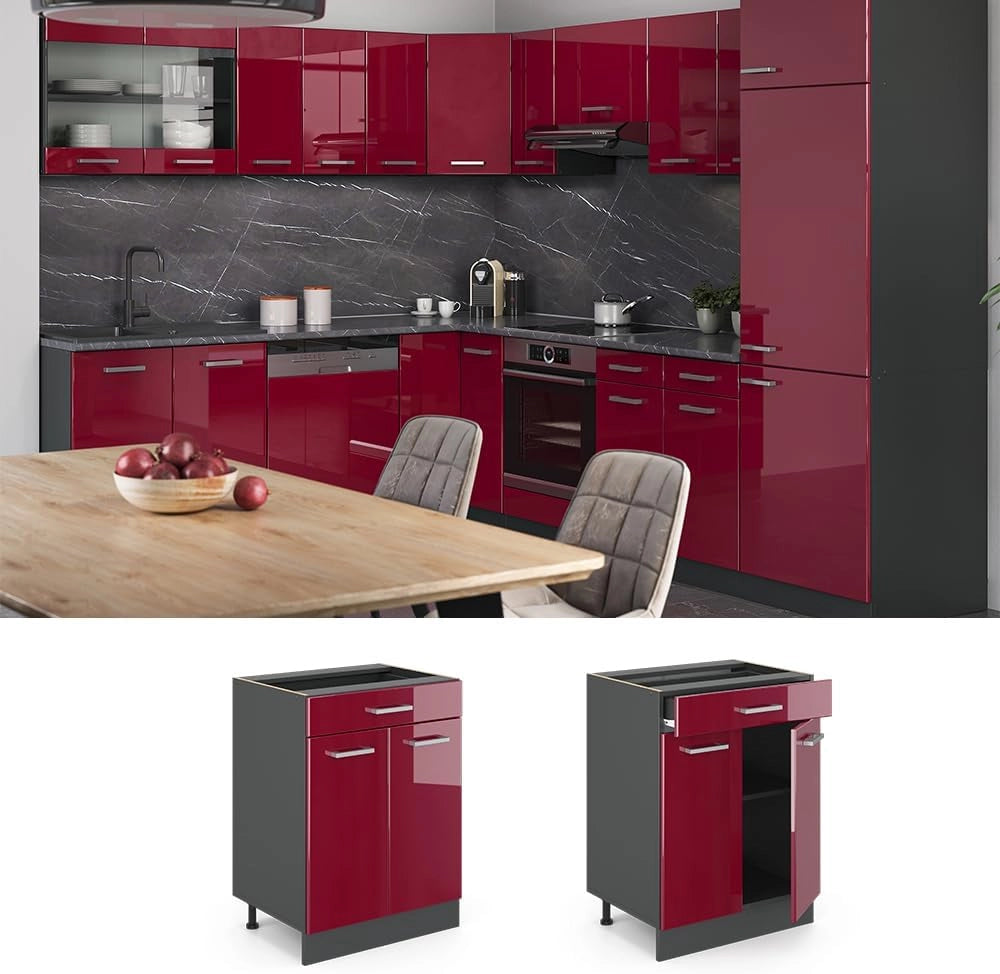 Mobiletto base per cucina R-Line, Rosso lucido, 60 cm con cassetto, senza piano di lavoro, per la libera combinazione all'interno di sistemi cucina modulari