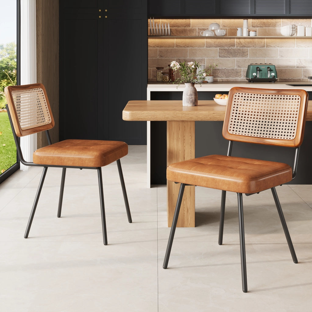Sedia da pranzo in PU con schienale in rattan PE, seduta imbottita ed ergonomica, gambe in metallo marrone