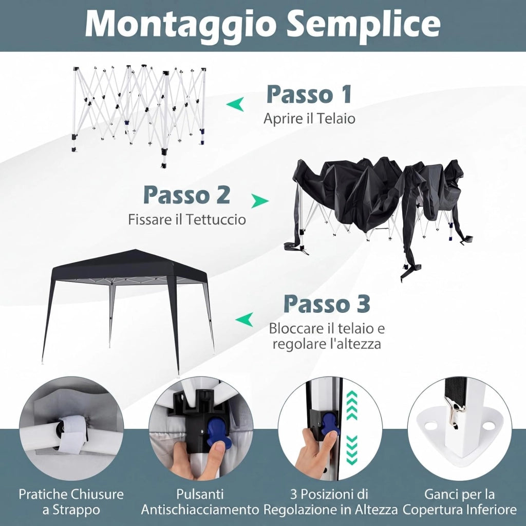 Gazebo da Giardino 3 x 3 M, Tendone Parasole con Telo Impermeabile e Resistente, Sacchi di Sabbia, Pieghevole, Portatile e Altezza Regolabile, per Esterno, Mercati, Fiere e Campeggio (Nero)