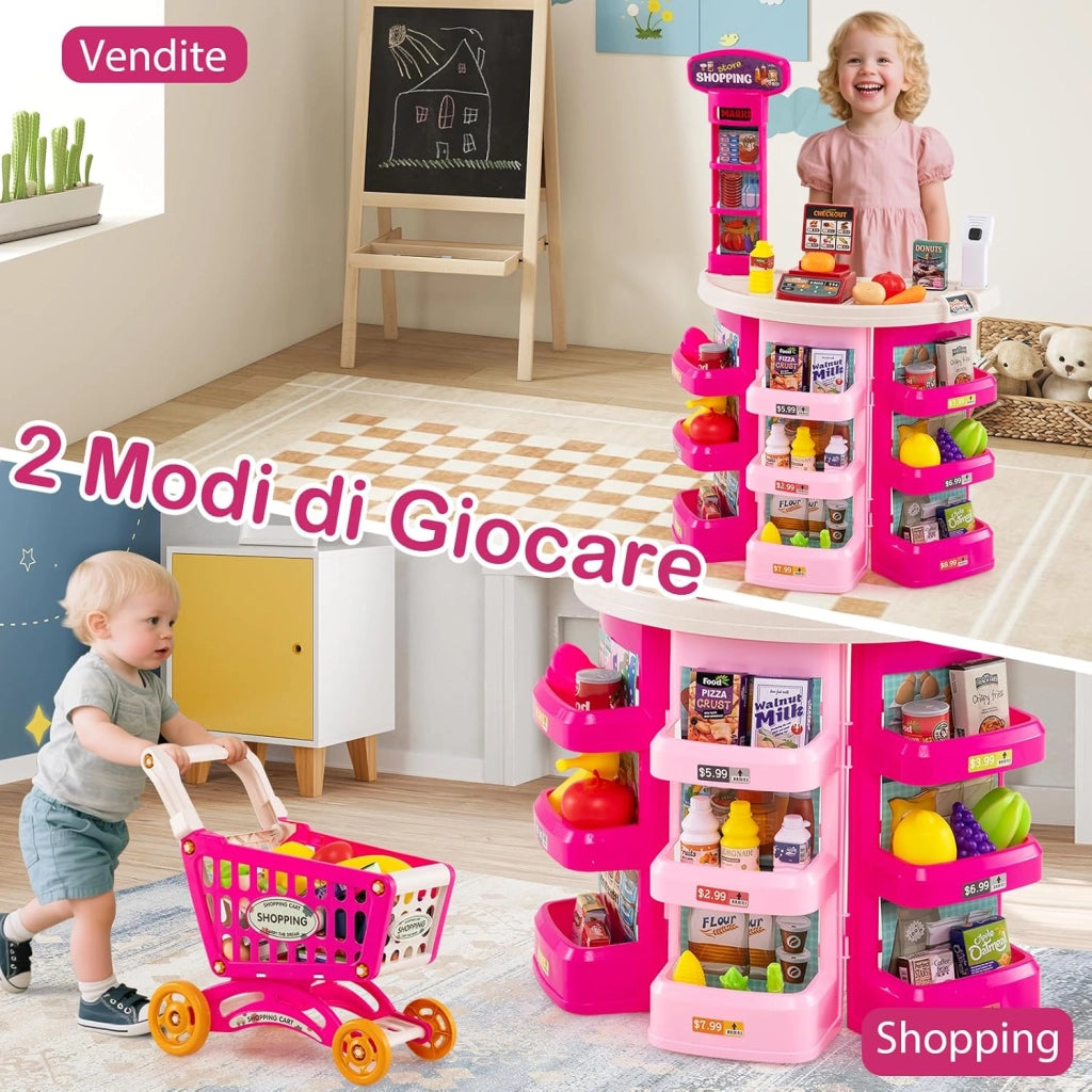 Cassa Gioco Supermercato per Bambini, Supermercato Giocattolo con Carrello della Spesa, Registratore di Cassa, Scanner, Luci e Suoni, Gioco di Ruolo con 29 Accessori (Rosa)