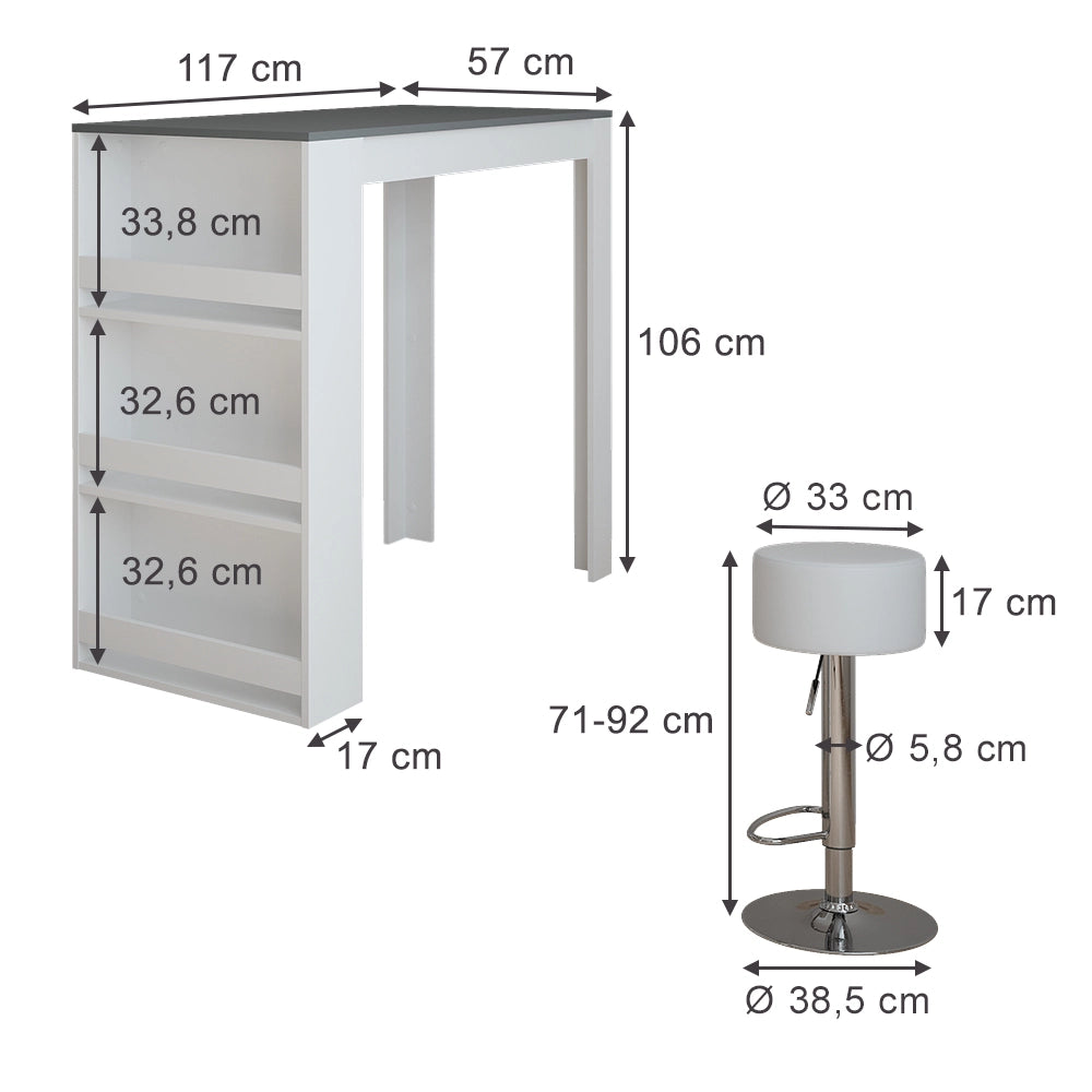 Vicco tavolo bar con sgabelli Bianco/antracite 57 x 117 cm con 2 sgabelli da bar