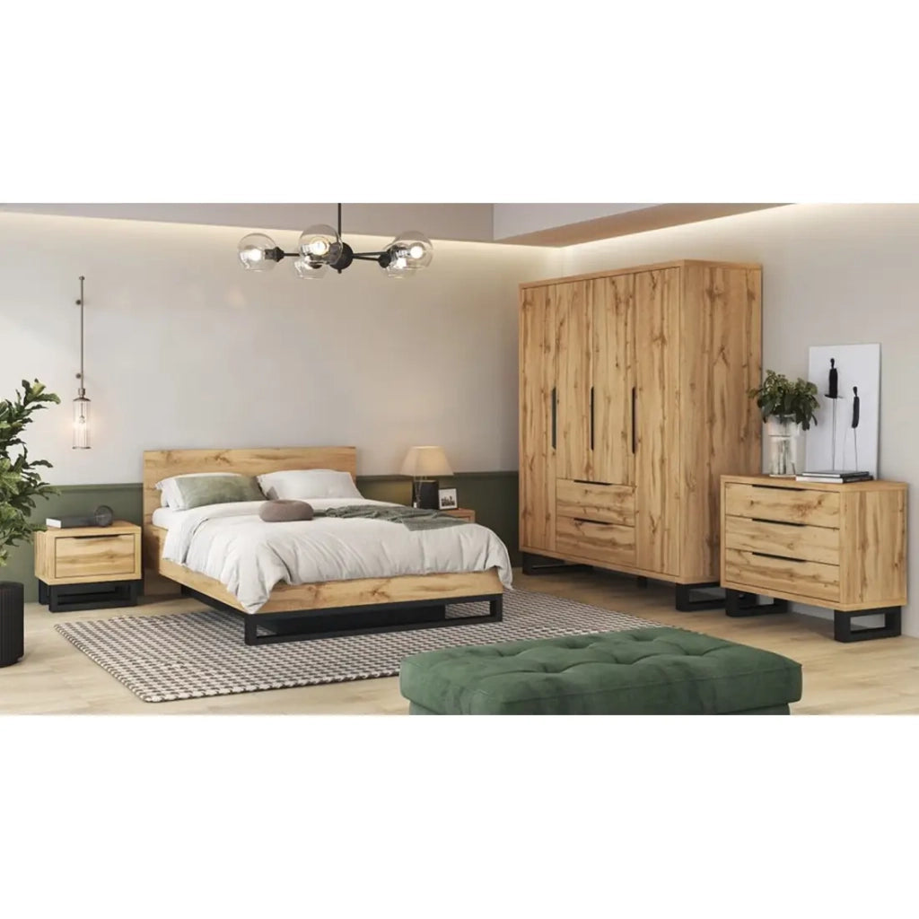 Letto contenitore MILOS 140 x 200 cm con rete a doghe sollevabile – Rovere grezzo e nero – Stile industriale