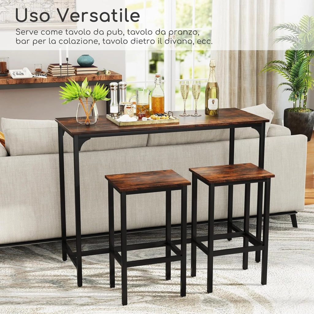 Tavolo con 2 Sgabelli in Metallo e Legno, Set da Pranzo 3 Pezzi, Tavolo Rettangolare da Cucina con 2 Sedie per Sala da Pranzo, Appartamento e Bistro, Stile Retrò (Marrone)